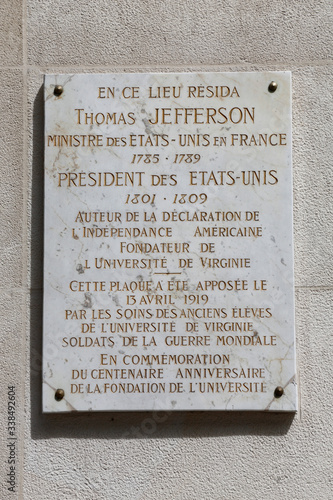 Plack for the home of Thomas Jefferson, Paris, France for the home of Thomas Jefferson, Paris, France - shot August 2015