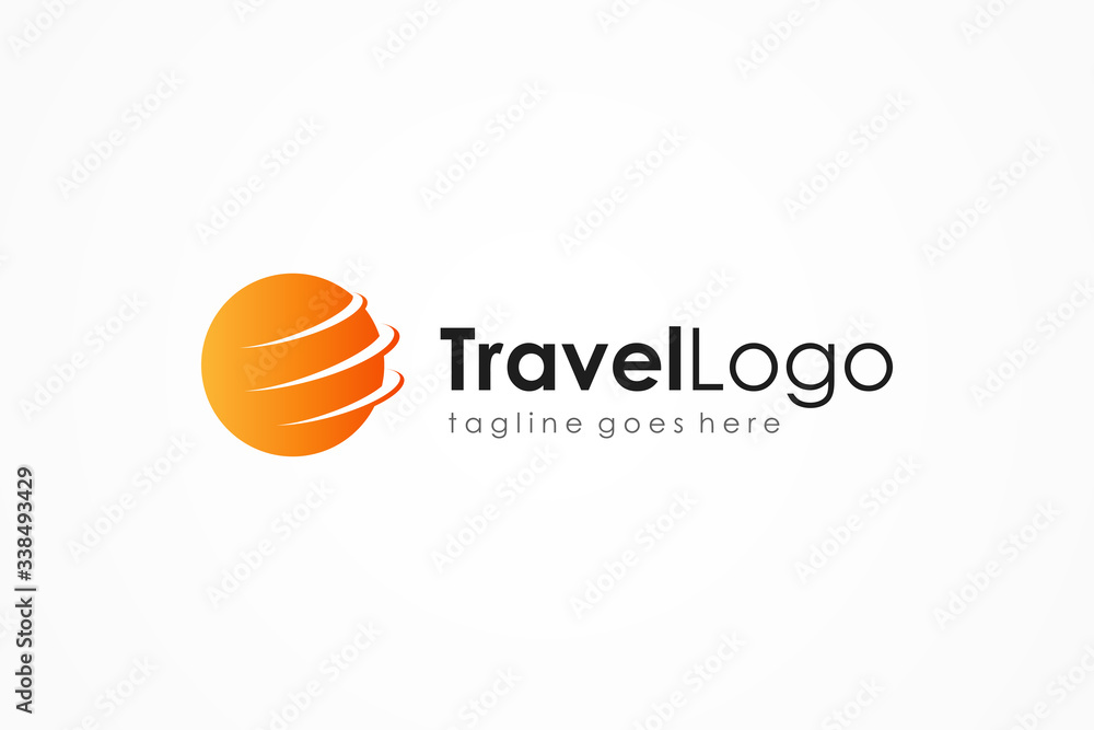 Travel Logo. Abstract Flight Waves around World Globe isolated on White Background. Flat Vector Logo Design Template Element.