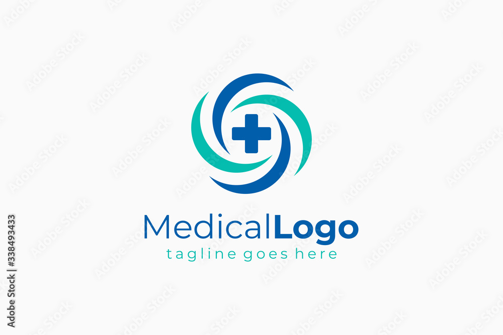 Medical Logo Health Icon. Abstract Circular Waves Letter S with Cross Sign inside. Flat Vector Logo Design Template Element.