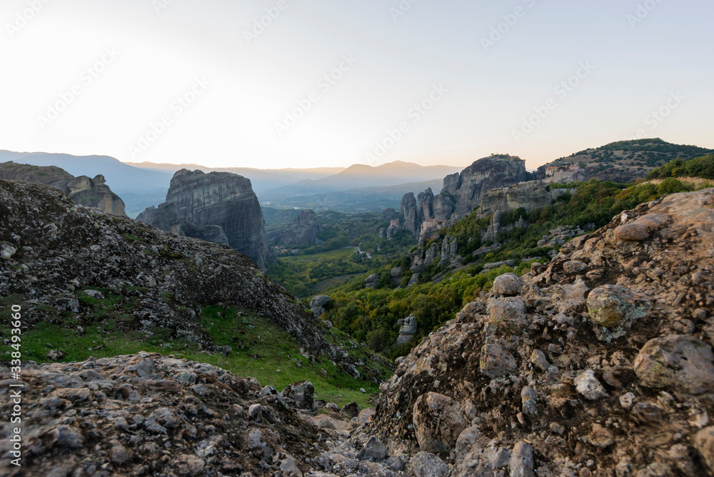 Meteors with Orthodox Monasteries,  view from the plateau to the valley of a cliff top and of Thessaly