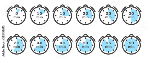 Timer and stopwatch icon set. A minimalistic image of a watch with different variants of minute indicators multiple of five. Isolated vector on a white background.