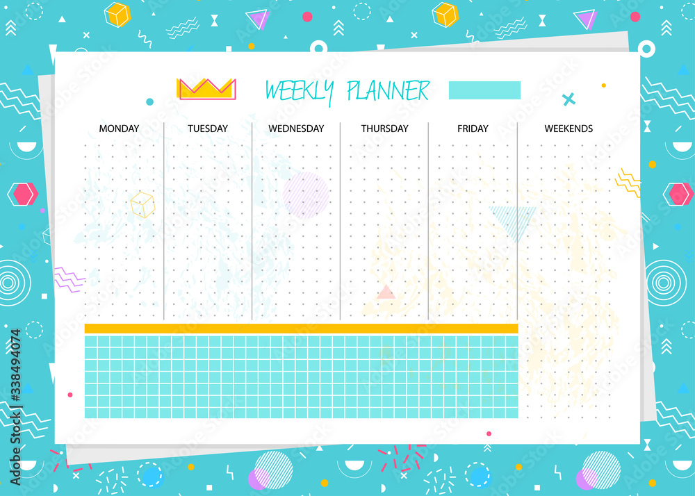 Vector weekly planner. Organizer and schedule template. Memphis style