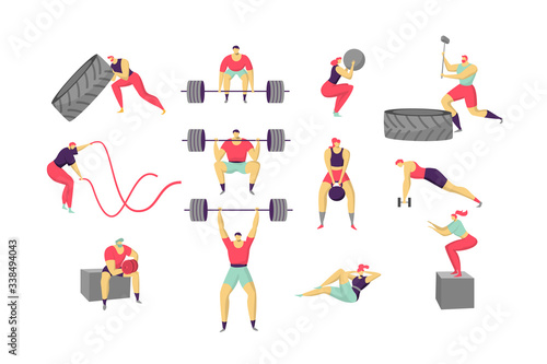 Cross fit people training, cartoon character workout, set isolated on white, vector illustration. Sport exercise strong man heavy lifting, people working out in cross fit gym. Active lifestyle fitness