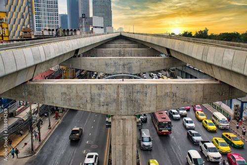 Photography Traffic under the converging tracks of the BTS Skytrain from the Ratchayothin BT