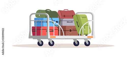 Baggage on cart semi flat RGB color vector illustration. Airport cargo shipping services. Logistics and shipment. Deliver suitcases. Handbags isolated cartoon object on white background