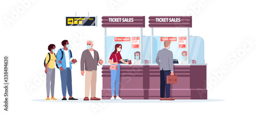 Ticket sales counter semi flat RGB color vector illustration. People in airport queue in medical mask on safe distance. Airplane passengers isolated cartoon character on white background