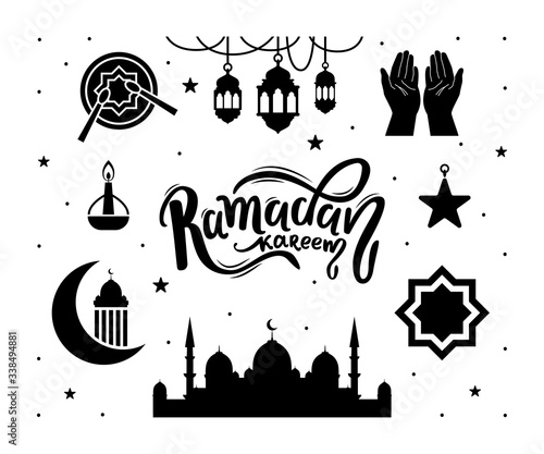 Set of symbols for islamic holy holiday Ramadan. Ramadan arabic islamic celebration icon.  Set silhouette style icon. Muslim culture, islamic religion mubarak eid background, islam holiday ramazan vec