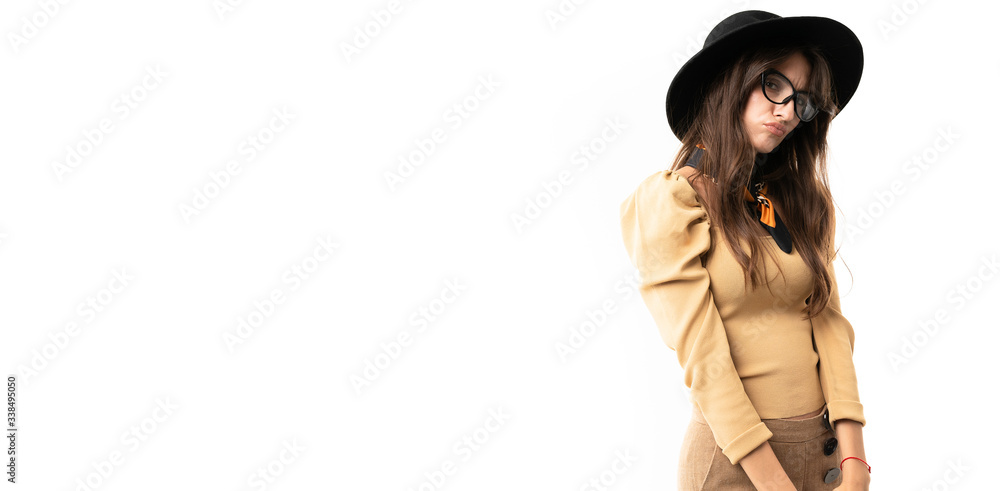 Panorama of cheerful woman with long hair smiles isolated on white background Panorama of cheerful woman with long hair smiles isolated on white background