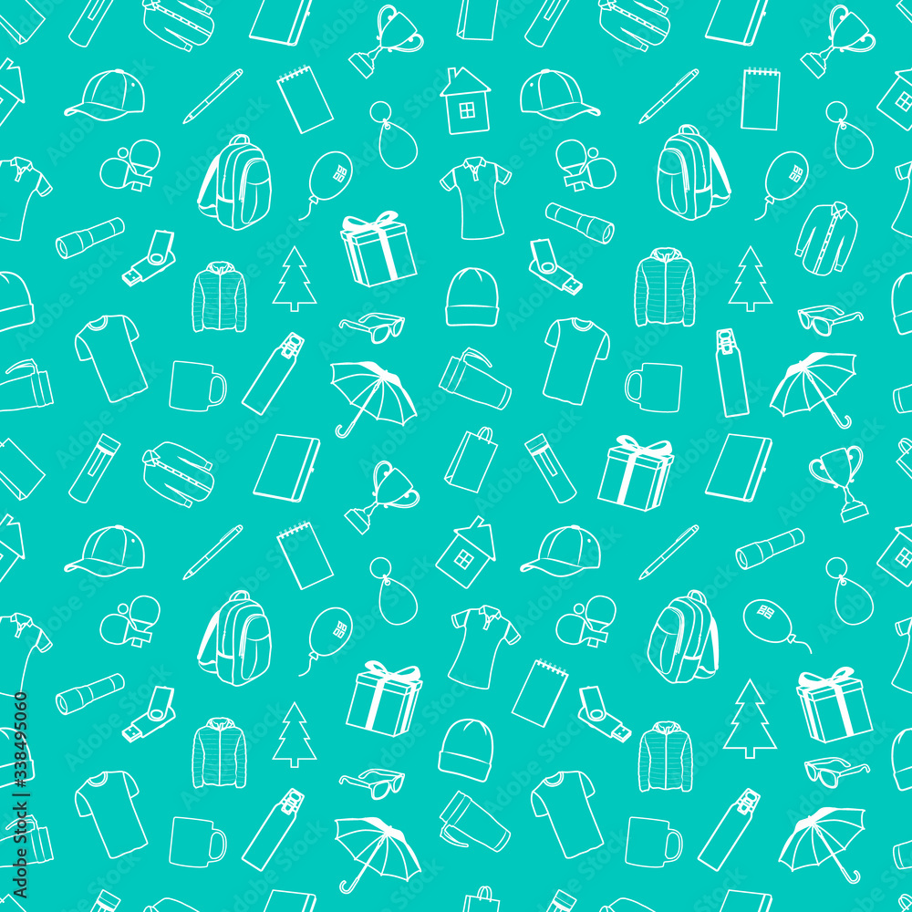 Promotional products and gifts seamless pattern, items in one white color vector illustration Promotional products and gifts seamless pattern, items in one white color vector illustration
