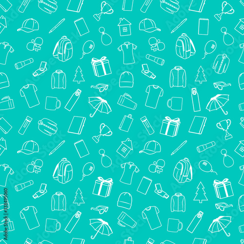Promotional products and gifts seamless pattern, items in one white color vector illustration