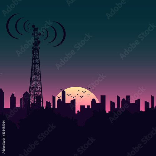 cell tower with the dawn in the city. Communication Vector