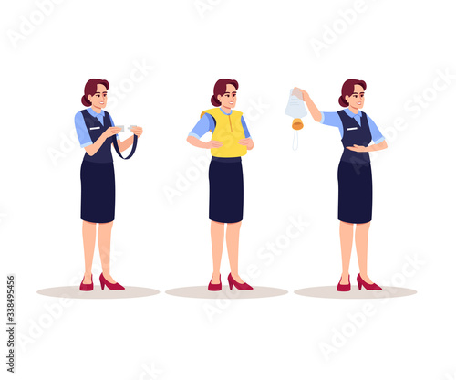 Stewardes emergency instructions semi flat RGB color vector illustration set. Female airplane attendant demonstrate safety rules. Aircraft staff member isolated cartoon character on white background