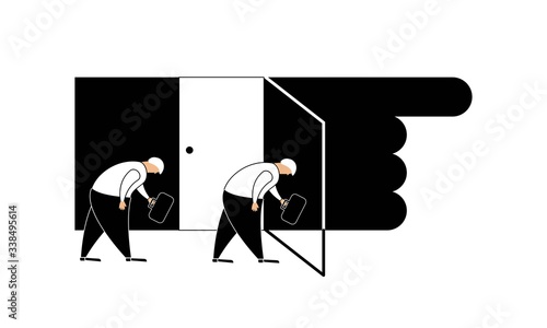 Fired from job. Dismissal, unemployment, jobless and employee job reduction concept. Flat vector illustration in black and white.