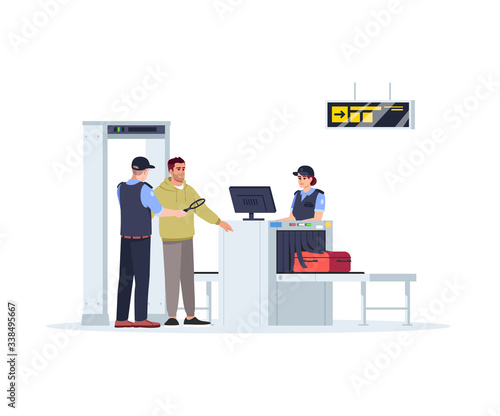 Check before boarding plane semi flat RGB color vector illustration. Security border control. Woman check baggage. Passenger and airport staff isolated cartoon characters on white background