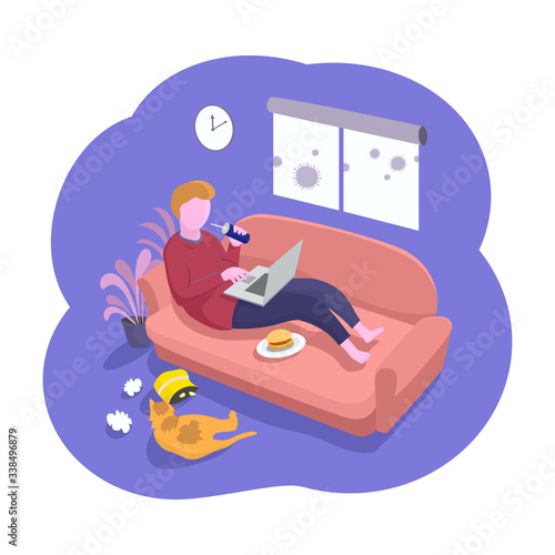 unhealthy lifestyle concept. eating habits when working online from home. a freelance man with a laptop on the couch and a cat looking at his snack. stay at home to defense and avoid virus infection.