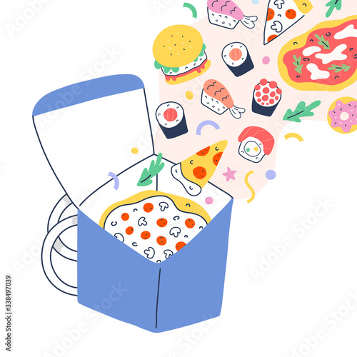 Courier backpack for food delivery, thermal box with various fast foods flying out, delivering service, pizza and sushi rolls, italian and japanese food, cartoon doodle illustration