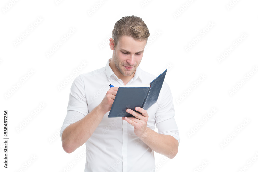 Writing master. University student do writing task isolated on white. Handsome man write in copybook. Reporter or writer make notes for article. Writing practice. Writing skills. Journalism school
