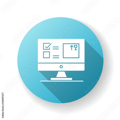 Automated tracking system blue flat design long shadow glyph icon. Inventory management software, program, dashboard. Merchandise availability control app. Silhouette RGB color illustration