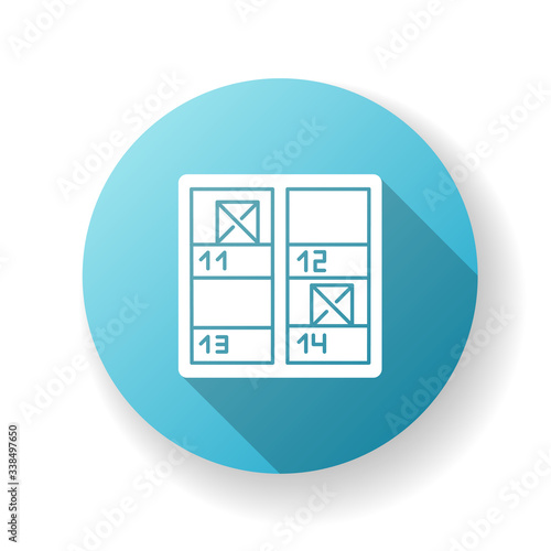 Inventory control blue flat design long shadow glyph icon. Stock checking. Stocktaking, supply chain management, production control and financial flexibility. Silhouette RGB color illustration