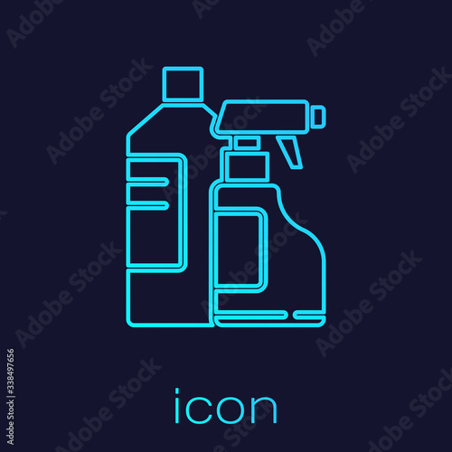 Turquoise line Plastic bottles for laundry detergent, bleach, dishwashing liquid or another cleaning agent icon isolated on blue background.  Vector Illustration