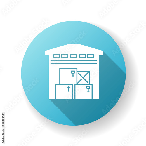 Warehousing blue flat design long shadow glyph icon. Merchandise storage, storehouse building, stockroom exterior. Industrial premises, factory floor. Silhouette RGB color illustration