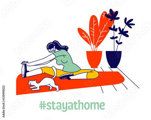 Young Woman Character with Cat Doing Stretching Exercises Staying at Home during Covid 19 Quarantine for Healthy Body. Fitness and Sports Activity, Gymnastics Workout. Linear Vector Illustration
