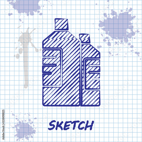 Sketch line Plastic bottles for laundry detergent, bleach, dishwashing liquid or another cleaning agent icon isolated on white background.  Vector Illustration