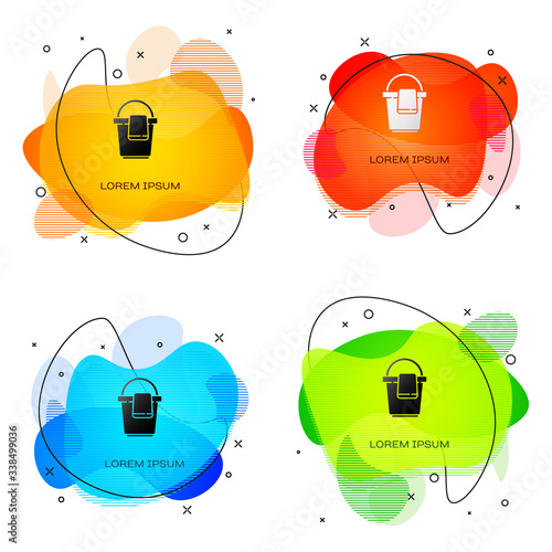 Black Bucket with rag icon isolated on white background. Cleaning service concept. Abstract banner with liquid shapes. Vector Illustration