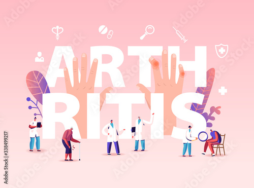 Arthritis Sickness Concept. People with Diseased Joints Visiting Doctors Characters at Hospital or Rheumatology Clinic. Medicine  Health Care Expertise Poster Banner Flyer. Cartoon Vector Illustration