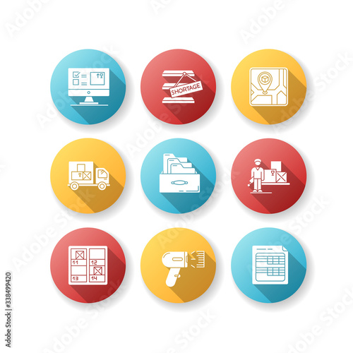 Inventory control and bookkeeping flat design long shadow glyph icons set. Spreadsheets and card system. Storage place, goods shortage and receipt. Silhouette RGB color illustration © bsd studio
