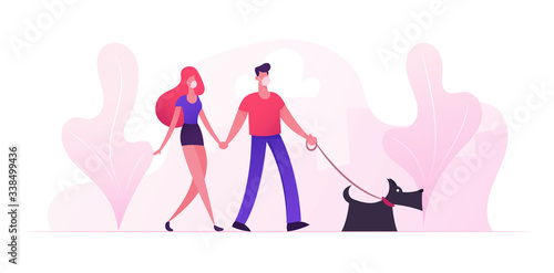 Loving Couple Characters Wearing Medical Masks Walking with Dog in Park during Covid 19 Quarantine Pandemic. Young Family Playing with Pet Outdoors Having Leisure. Cartoon Vector People Illustration