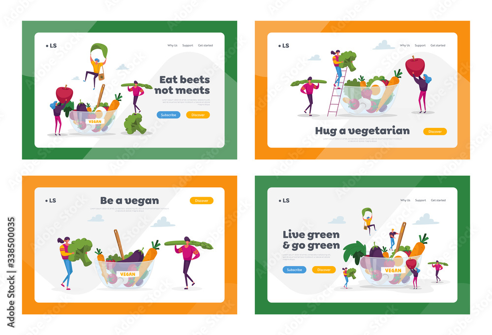 Healthy Food, Vegetarian Diet Landing Page Template Set. Tiny Characters at Huge Bowl with Fruits, Vegetables and Eggs. Healthy Lifestyle, Organic Vegan Choice. Cartoon People Vector Illustration
