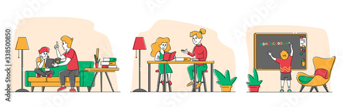 Homeschooling Concept. Children Characters Getting Education at Home with Tutors or Parents in Relaxed Comfortable Environment. Domestic Education Plan for Pupils. Linear People Vector Illustration