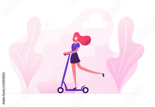 Woman Character Wearing Medical Mask Riding Scooter in Park. Girl Enjoying Open Air Ride Using Eco Transportation for Moving during Covid 19 Pandemic, Active Lifestyle. Cartoon Vector Illustration