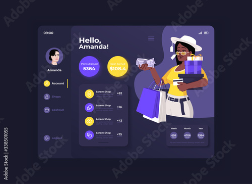 E shopping application tablet interface vector template. Mobile app page night mode design layout. Shopper profile screen. Flat UI for application. Account balance on portable device display