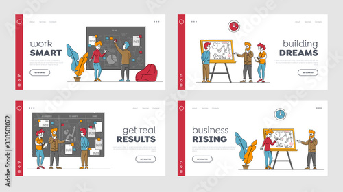 Plan Developing on Workwall Creating Strategy of Project Management at Task Board. Landing Page Template Set. Business People Characters Working with Graphs at Scrum Board. Linear Vector Illustration