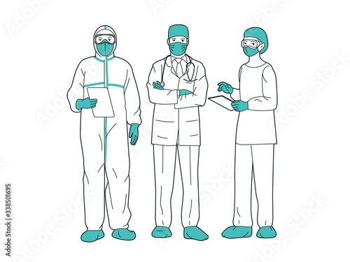 Professional doctors and nurses posing together wearing protective suits, virus outbreak emergency concept. Vector illustration.