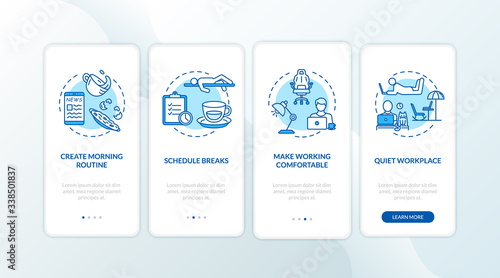 Home office rules onboarding mobile app page screen with concepts. Schedule and quiet workplace walkthrough 4 steps graphic instructions. UI vector template with RGB color illustrations