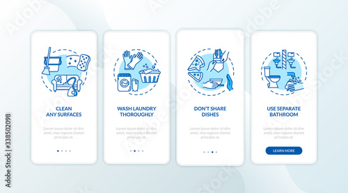 Household advices onboarding mobile app page screen with concepts. Cleaning surfaces, washing thoroughly walkthrough 4 steps graphic instructions. UI vector template with RGB color illustrations