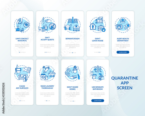 Self-isolation and hygiene rules onboarding mobile app page screen with concepts set. Quarantine walkthrough 5 and 4 steps graphic instructions. UI vector template with RGB color illustrations
