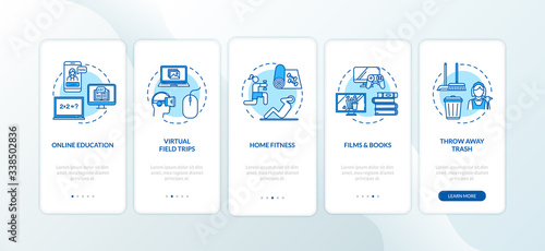 Home education and entertainment onboarding mobile app page screen with concepts. Rest and learning walkthrough 5 steps graphic instructions. UI vector template with RGB color illustrations