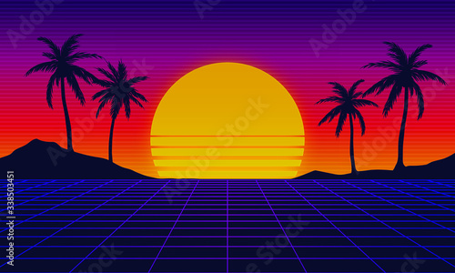 Obraz na płótnie Landscape skyline with neon light grid, sun and palm trees. Sci-fi, futuristic illustration. Retrowave, synthwave or vaporwave 80's w salonie
