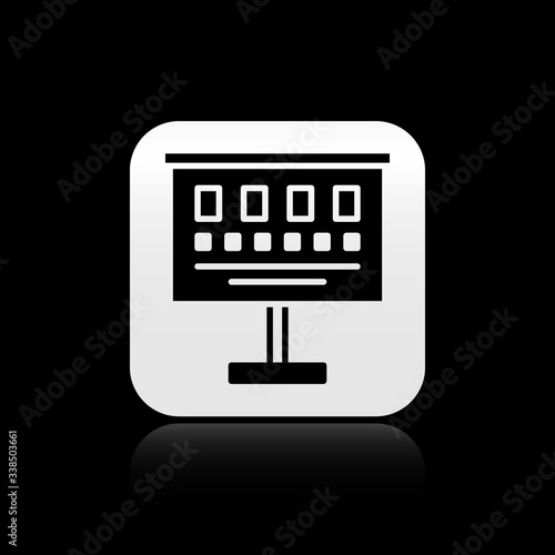 Black Eye test chart icon isolated on black background. Poster for vision testing in ophthalmic study. Snellen chart. Silver square button. Vector Illustration