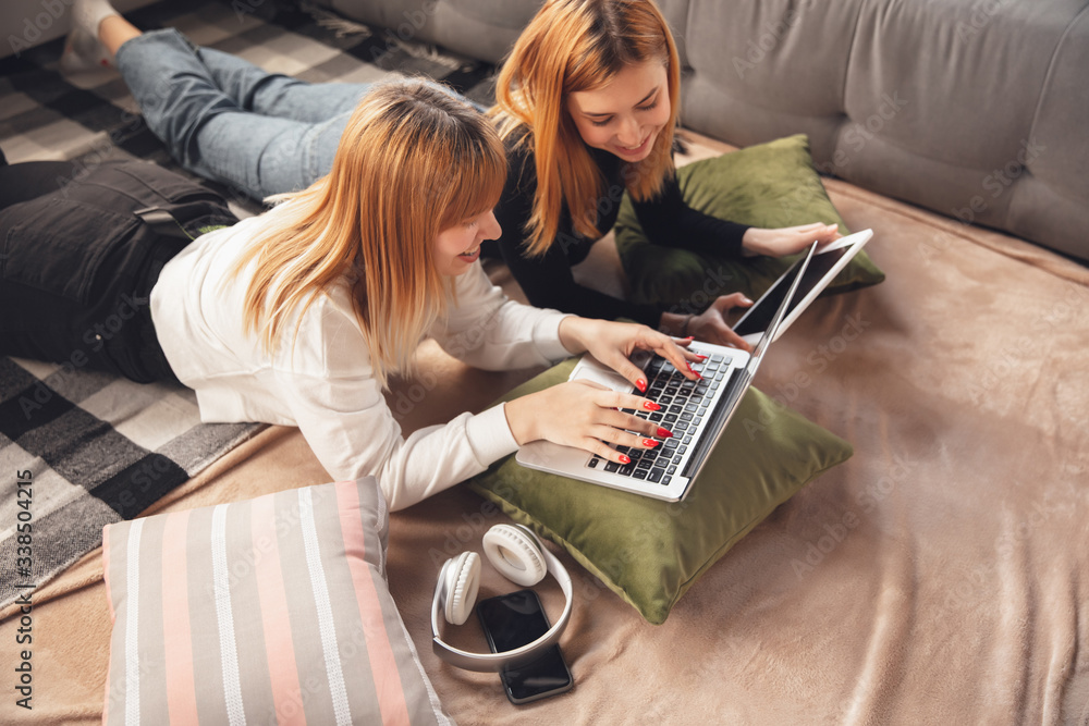 Fototapeta premium Education time. Young friends, women using gadgets to watch cinema, photos, online courses, taking selfie or vlog, shopping. Two caucasian girls at home using laptop, tablet, smartphone, headphones.