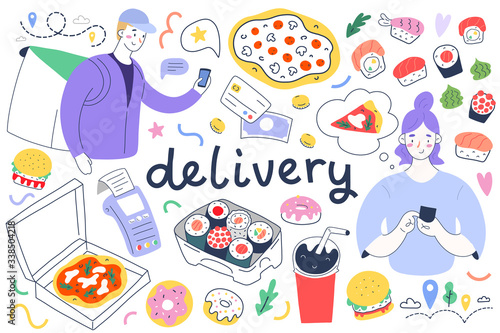 Food delivery collection, service for delivering take out food, woman making order via app, isolated vector illustrations of pizza, sushi rolls and courier with pos terminal,cute cartoon characters