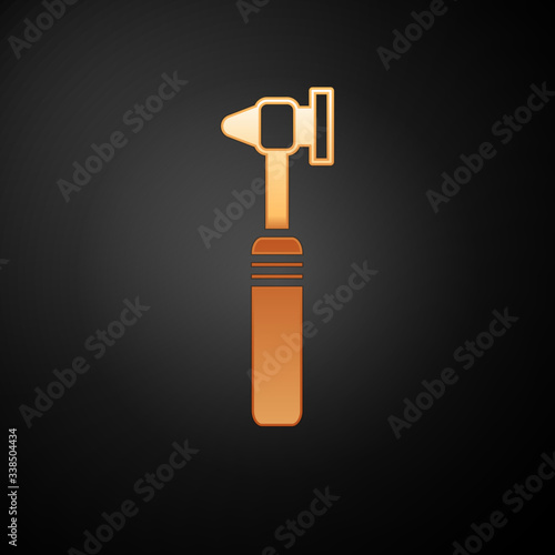 Gold Medical otoscope tool icon isolated on black background. Medical instrument.  Vector Illustration