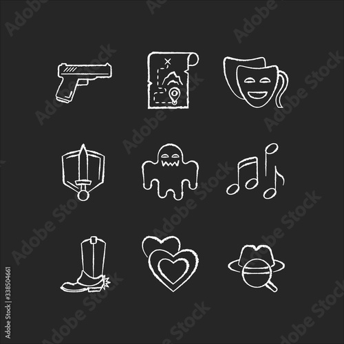 Different movie styles and genres chalk white icons set on black background. Popular film and TV show types. Media entertainment, filmmaking industry. Isolated vector chalkboard illustrations