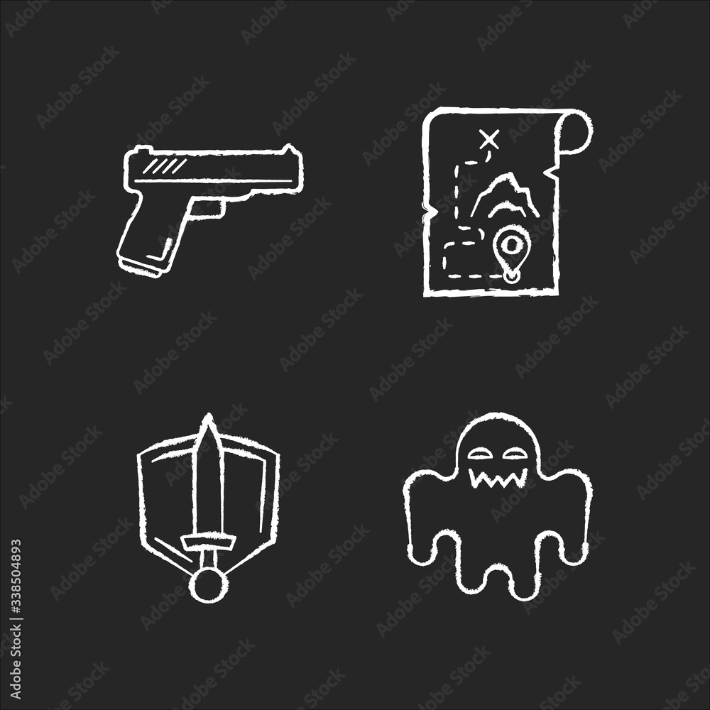 Common movie genres chalk white icons set on black background. Action flicks, adventure, history epic and horror films. Popular cinematography categories. Isolated vector chalkboard illustrations Common movie genres chalk white icons set on black background. Action flicks, adventure, history epic and horror films. Popular cinematography categories. Isolated vector chalkboard illustrations