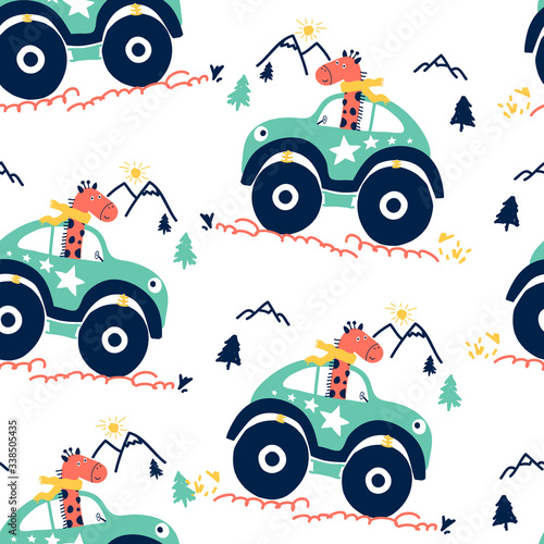 Hand drawing print design. Giraffe adventure seamless pattern vector illustration .	