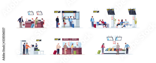 Airport terminal flat vector illustrations set. Registration desk during pandemic. Epidemic passport control. Airplane passengers and staff members in masksisolated cartoon characters kit